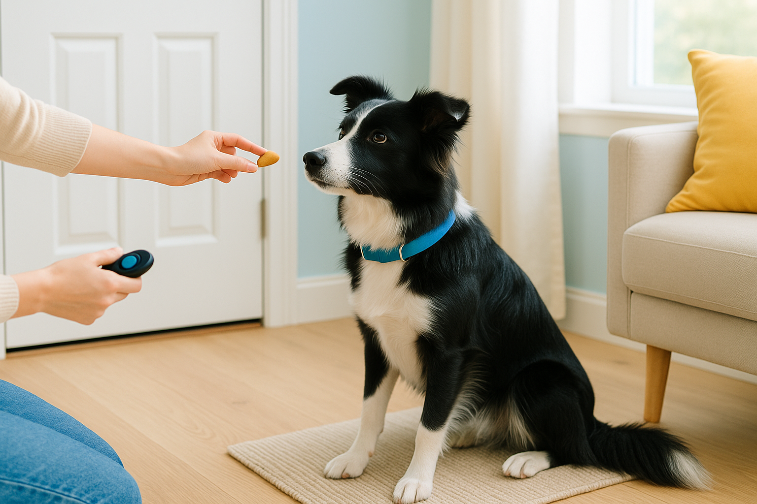 Owner practicing gentle training at home; calm, positive moment