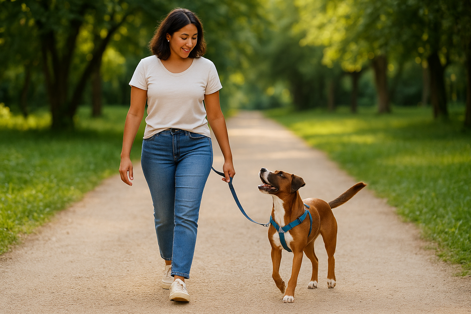 Loose-leash walk; dog maintains soft attention without pulling