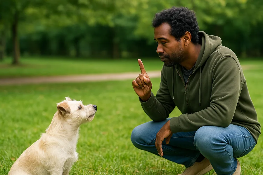 Trainer using a quiet hand signal; dog settles calmly (no treats)